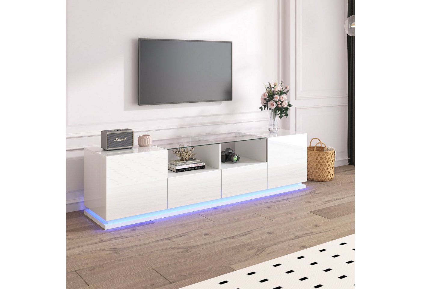 REDOM TV-Schrank Lowboard hochglanz (1-St) mit Glastischplatte und LED,mit günstig online kaufen