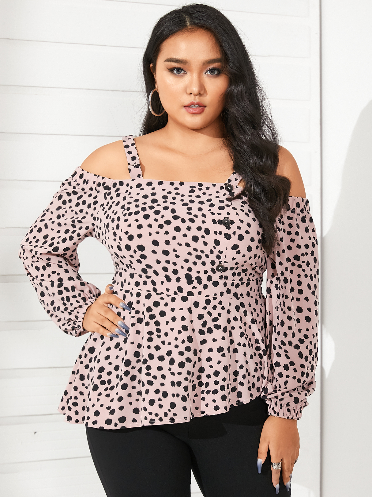 YOINS Plus Größe Cold Shoulder Polka Dot Rückenfreies Design Langarm Bluse günstig online kaufen