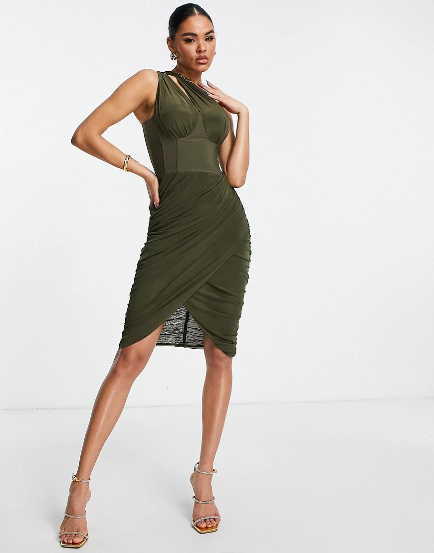 Rare London – Drapiertes Kleid aus Netzstoff in Khaki mit Korsettdetail und günstig online kaufen