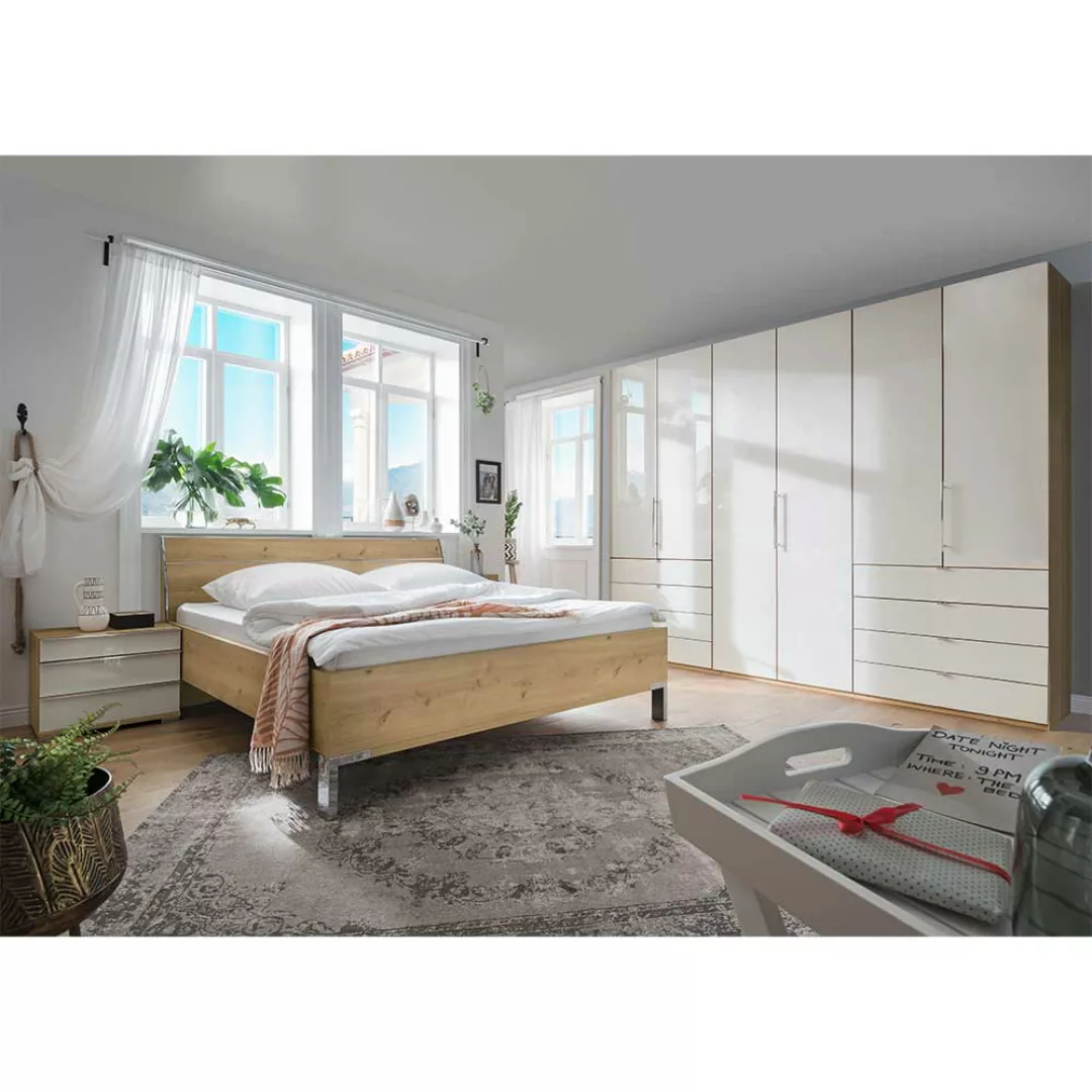 Schlafzimmer Set in Eiche Bianco und Beige mit Glas beschichtet (vierteilig günstig online kaufen