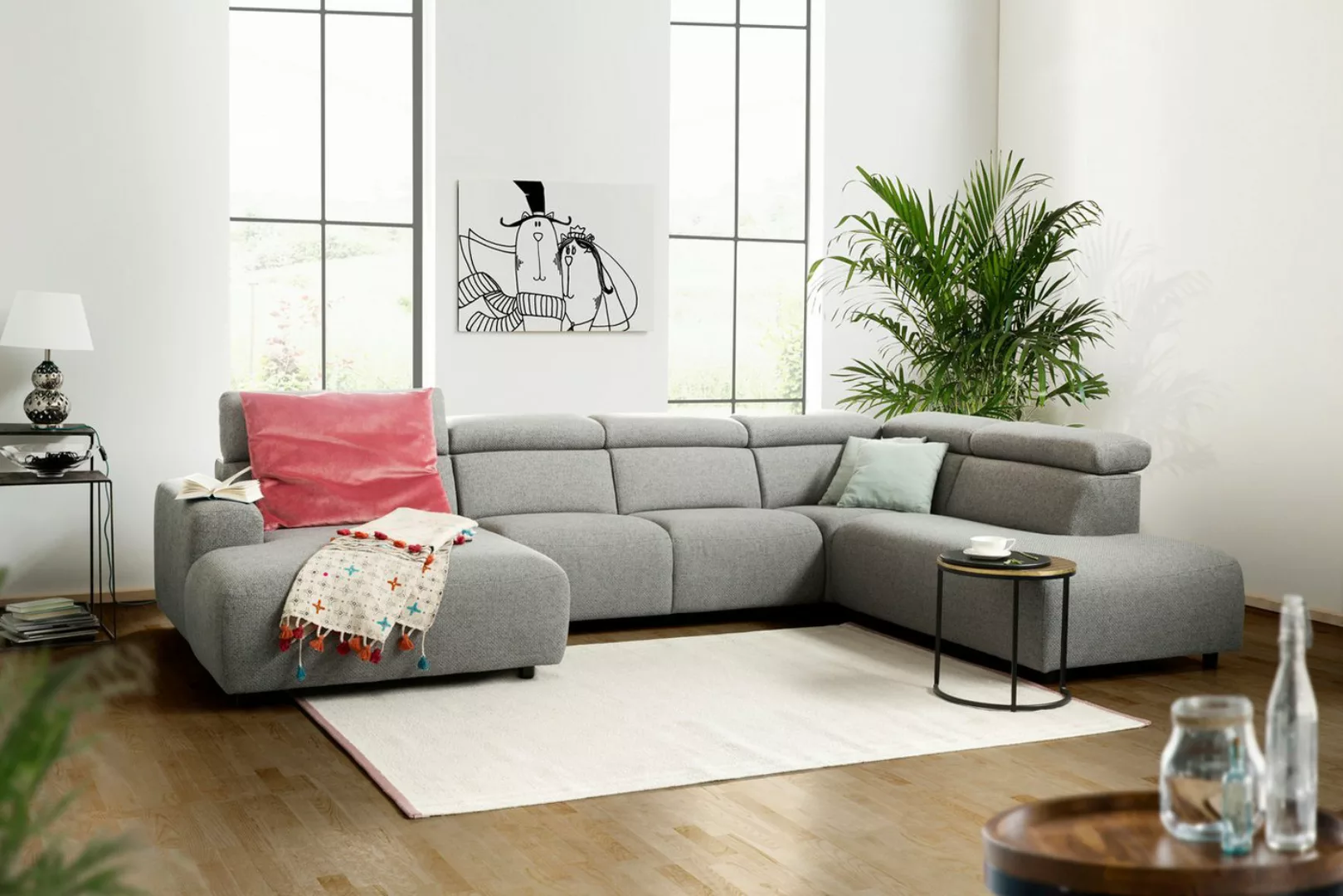 KAWOLA Wohnlandschaft RISO, Sofa U-Form Stoff grau Longchair rechts od. lin günstig online kaufen