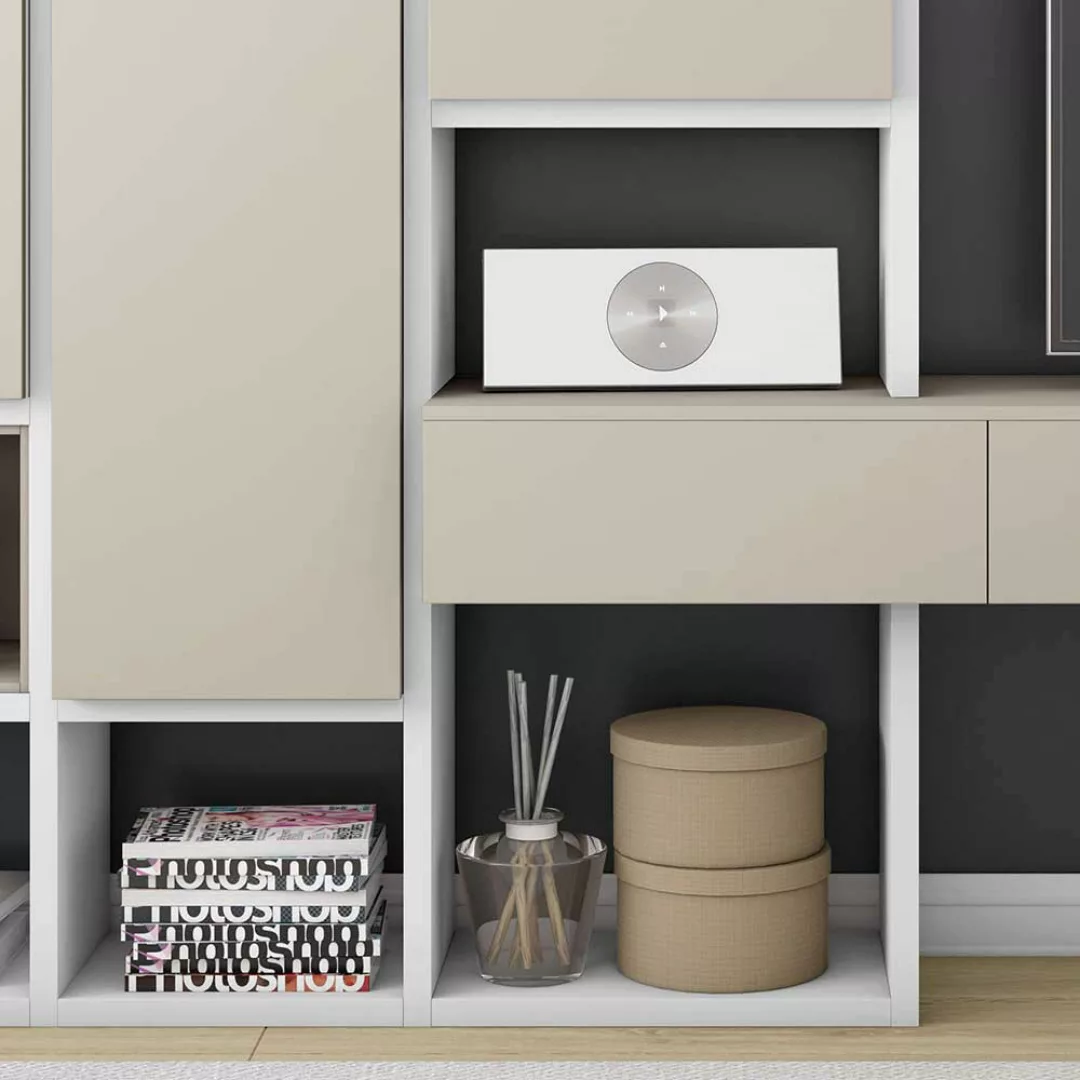 Design TV Wand mit Türen Weiß und Beige günstig online kaufen