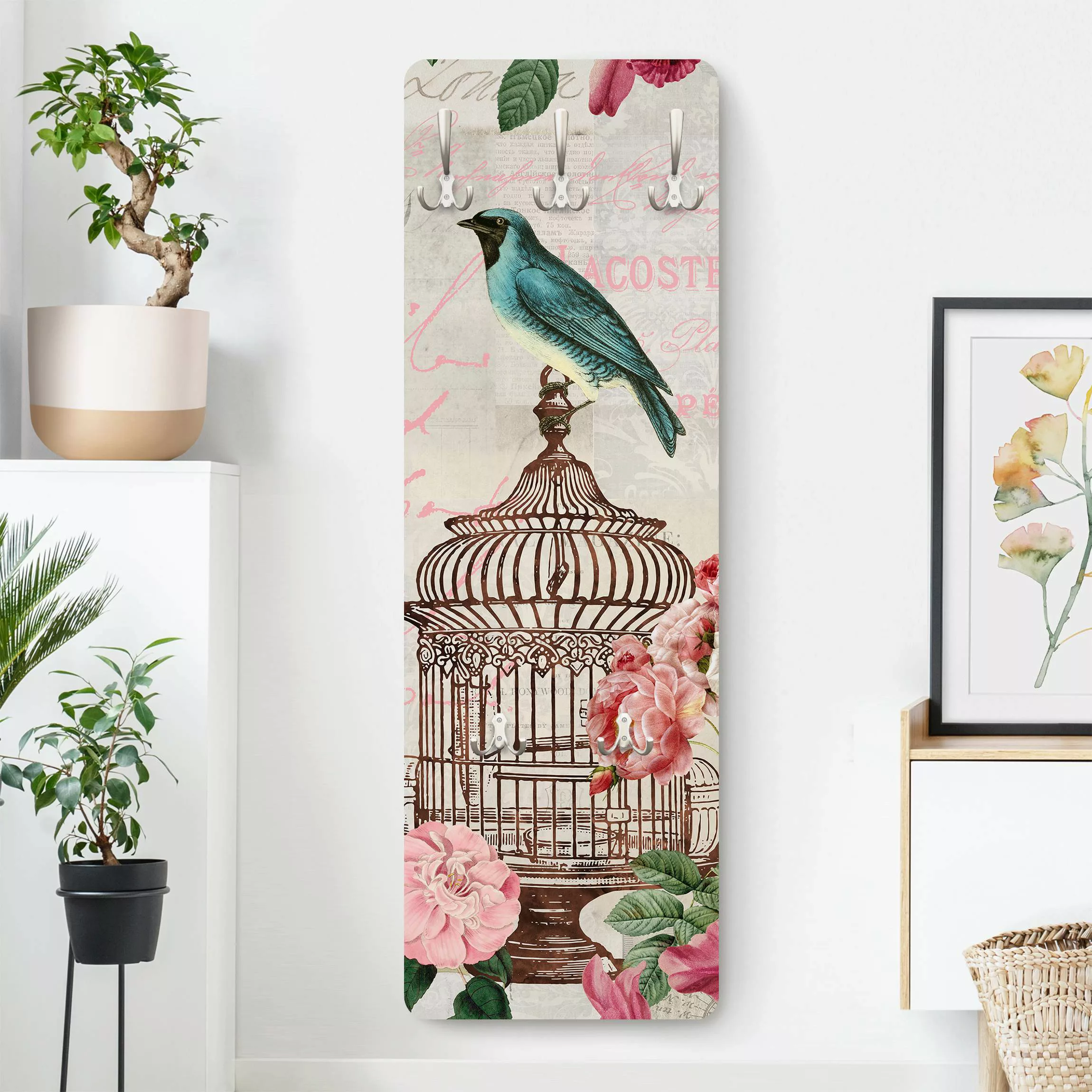 Wandgarderobe Shabby Chic Collage - Rosa Blüten und blaue Vögel günstig online kaufen