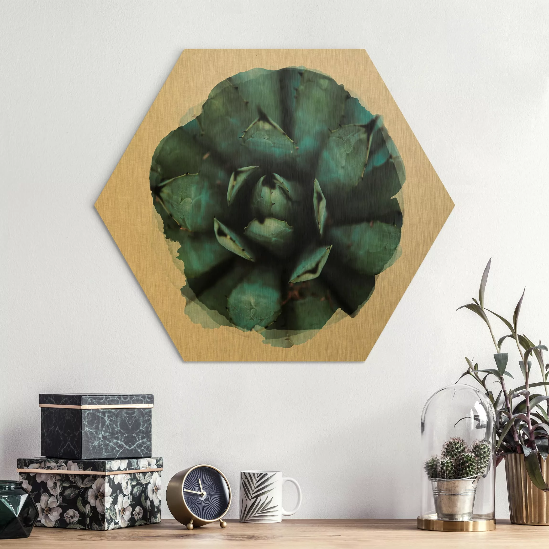 Hexagon-Alu-Dibond Bild Blumen Wasserfarben - Blaue Agave günstig online kaufen