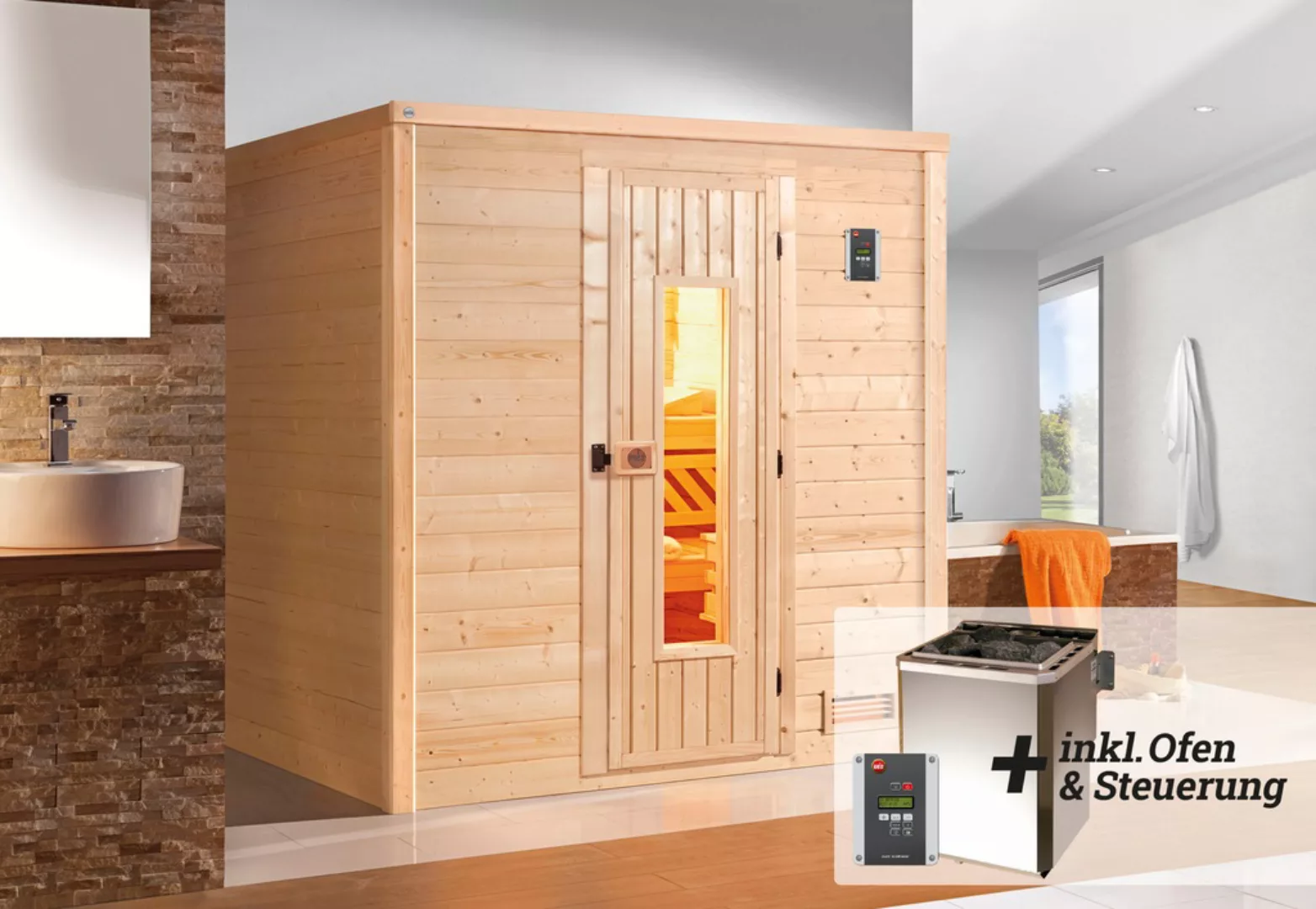 Weka Premium Massivholz-Sauna Bergen 1 Sparset 7,5 kW BioS digi. Strg Holzt günstig online kaufen