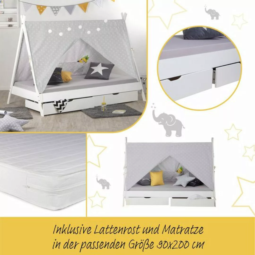 Homestyle4u Kinderbett 90x200 mit Matratze Hausbett TIPI Weiß oder Grau Vor günstig online kaufen