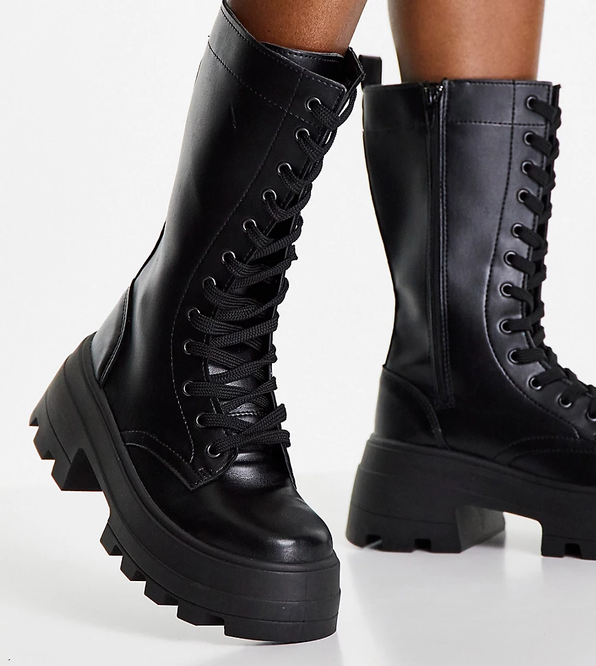 ASOS DESIGN Wide Fit – Aurora – Chunky Schnürstiefel in Schwarz, weite Pass günstig online kaufen