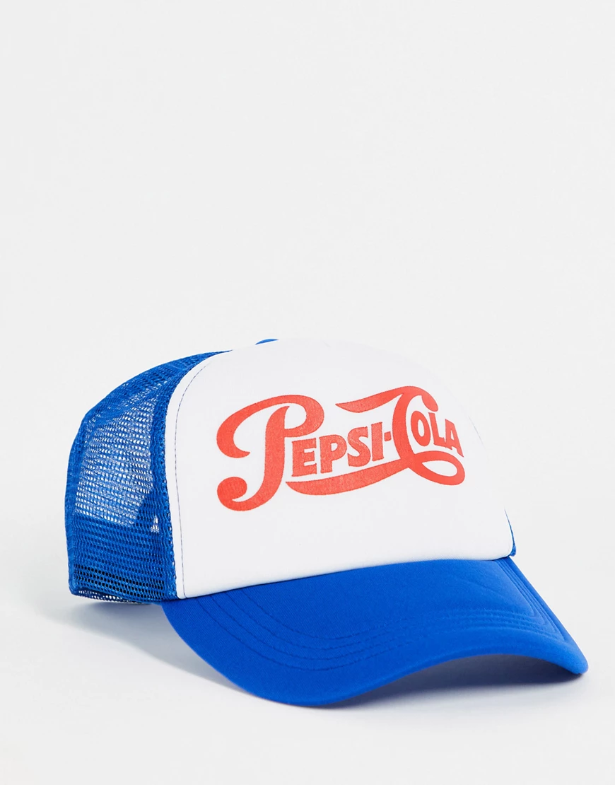 ASOS DESIGN – Trucker-Kappe in Blau mit Retro-Pepsi-Print günstig online kaufen