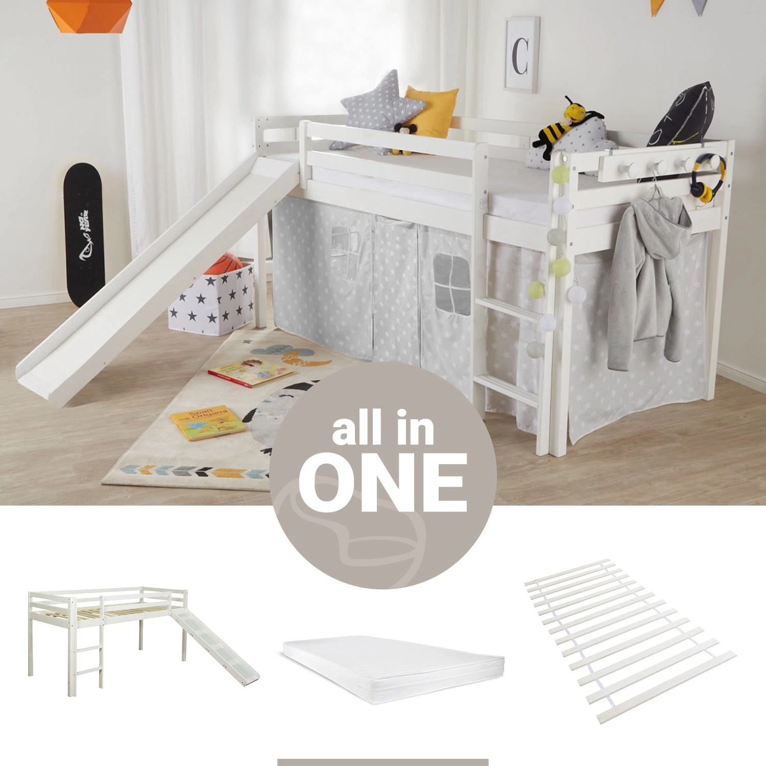 Homestyle4u Kinderbett 90x200 mit Lattenrost Matratze und Rutsche in Weiß 2 günstig online kaufen