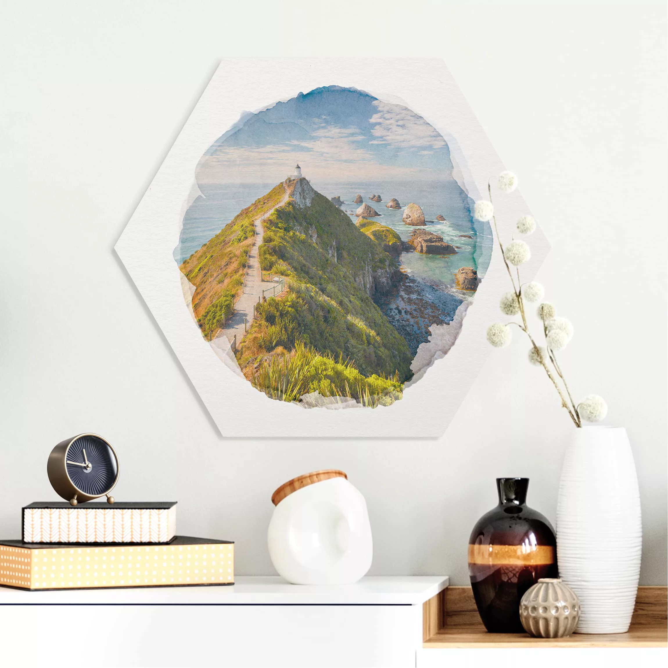 Hexagon-Forexbild Wasserfarben - Nugget Point Leuchtturm und Meer Neuseelan günstig online kaufen