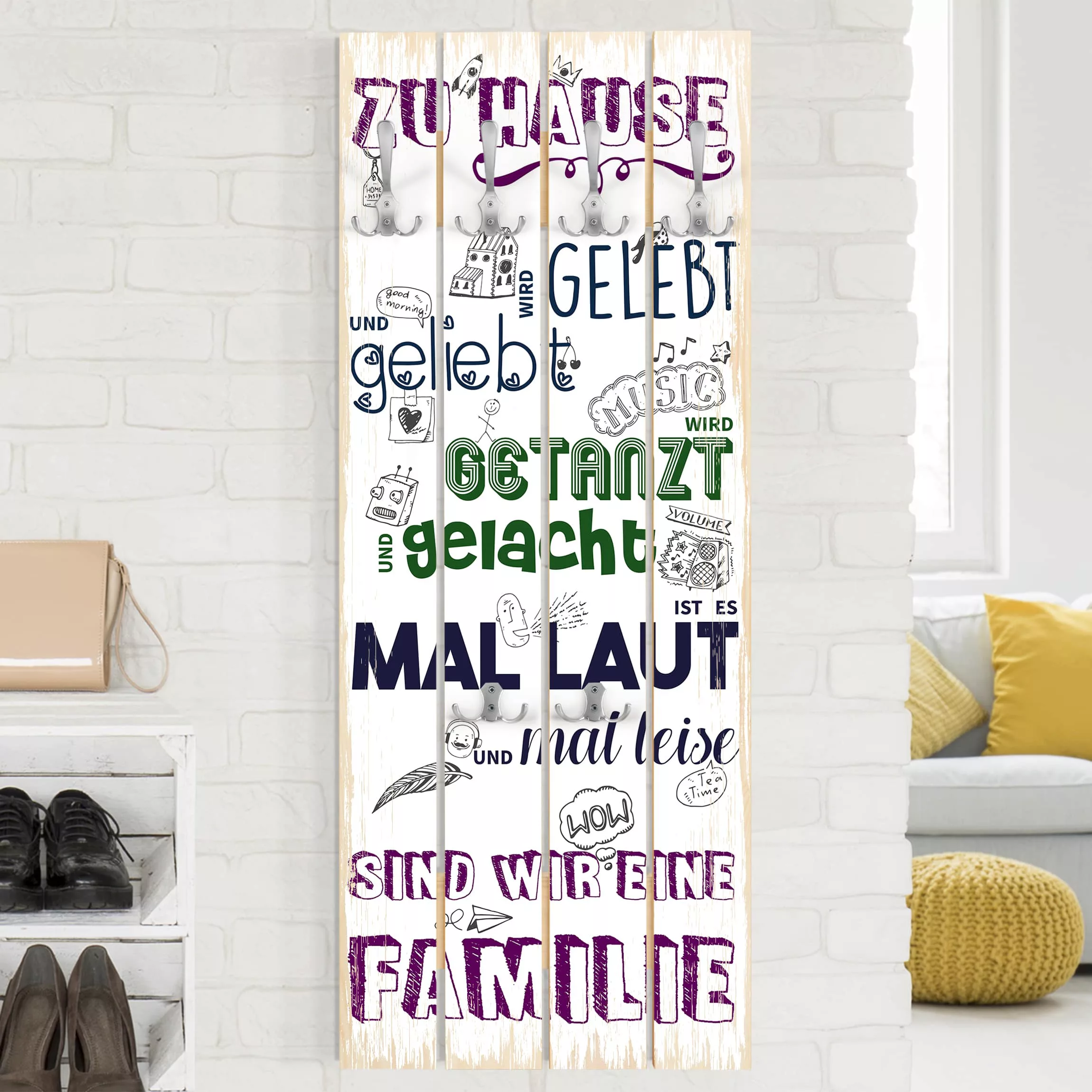 Wandgarderobe Holzpalette Spruch Zu Hause wird gelebt - bunt günstig online kaufen