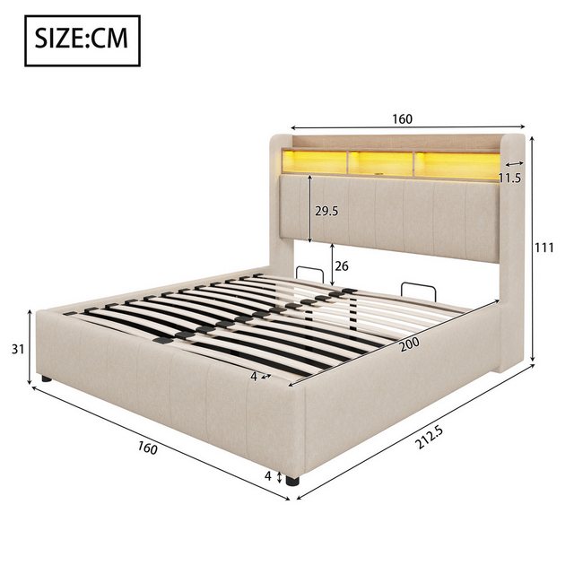 Flieks Polsterbett, LED hydraulisches Doppelbett 160x200cm mit USB-Aufladen günstig online kaufen