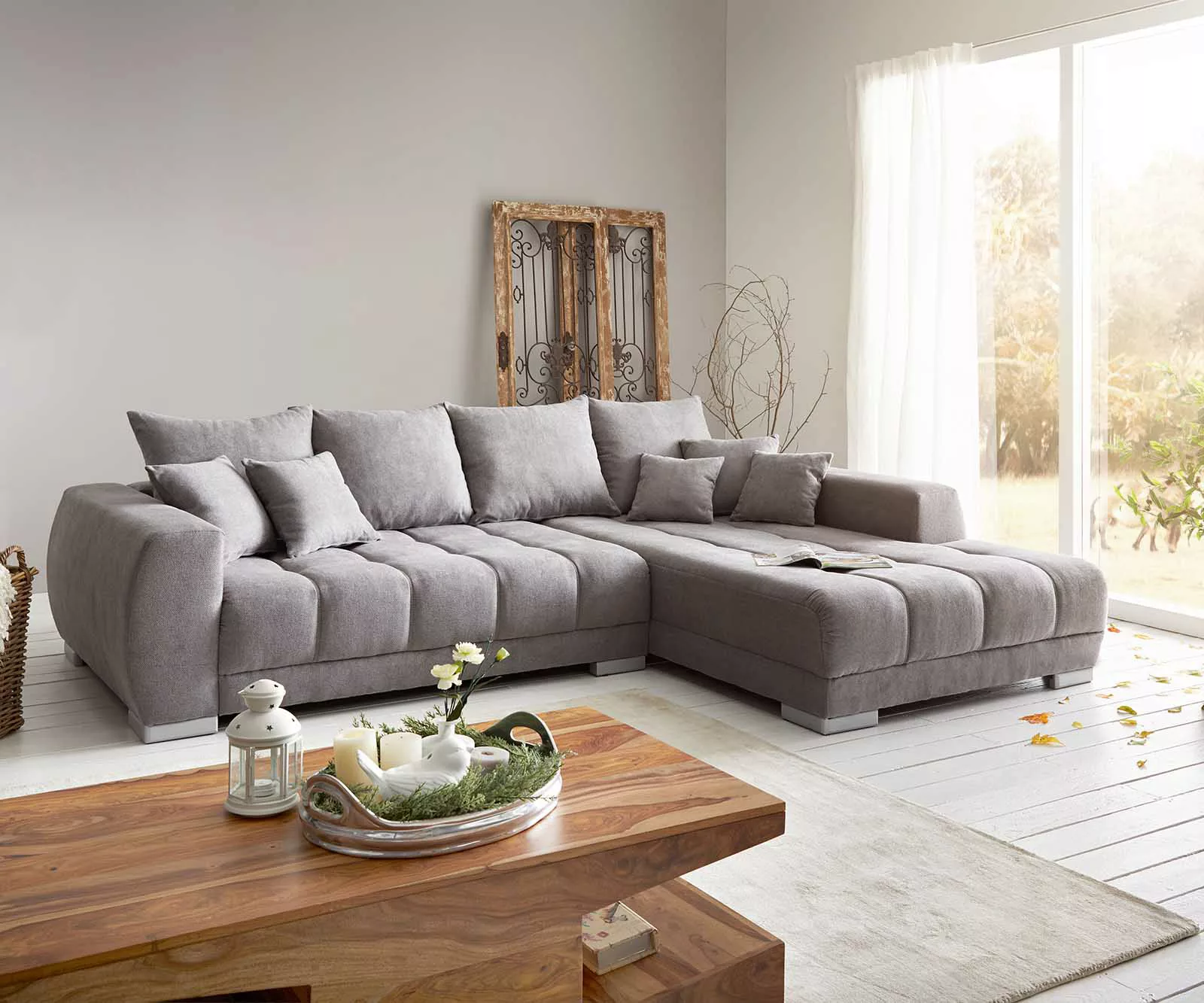 Ecksofa Josea 300x220 cm Mikrofaser Steingrau Recamiere rechts günstig online kaufen