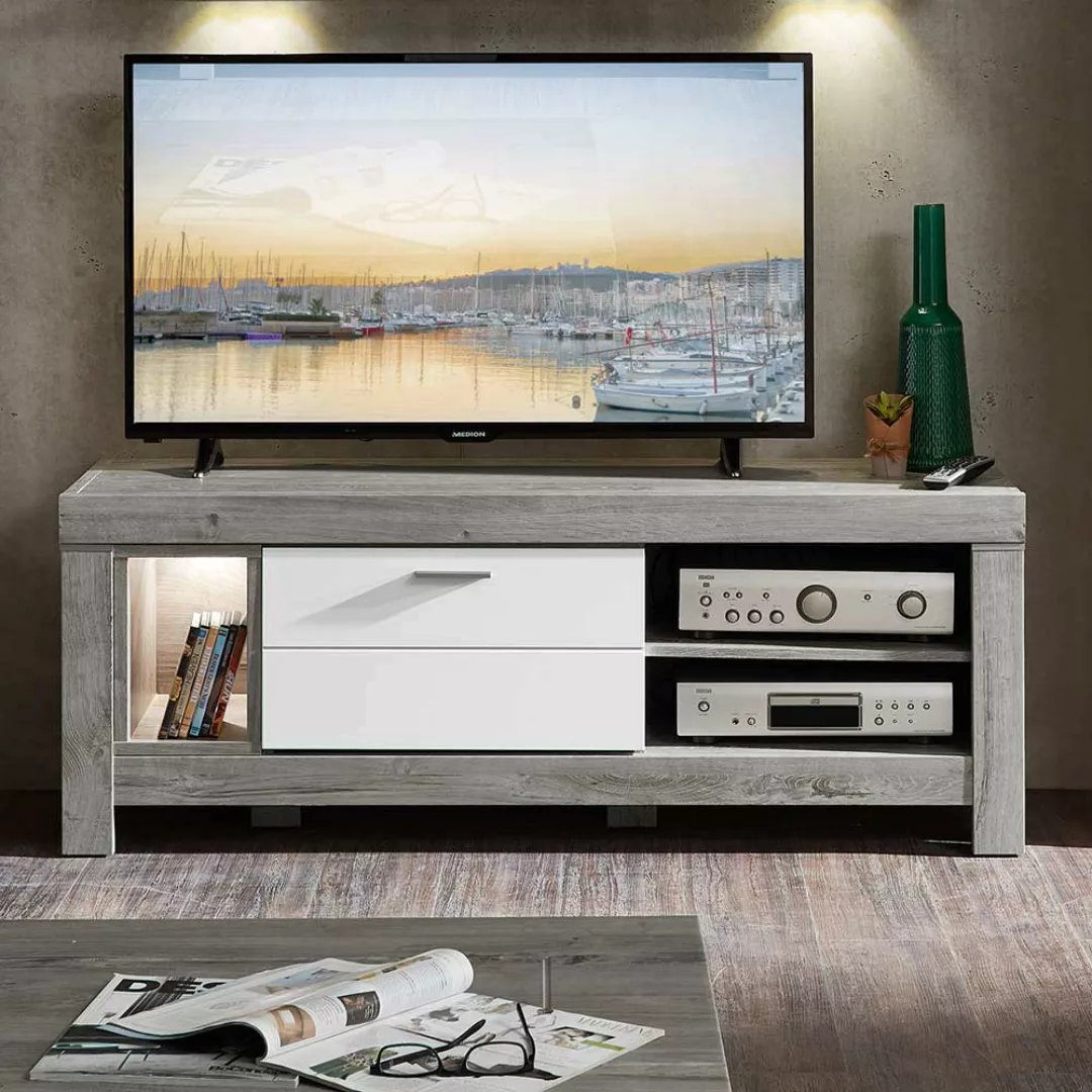 TV Board in Weiß und Eiche dunkel 150 cm breit günstig online kaufen