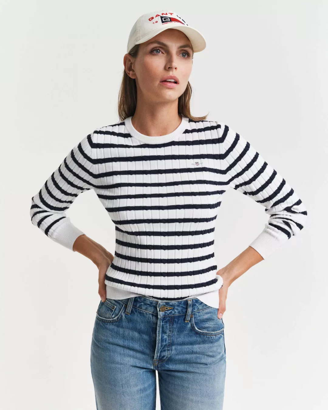 Gant Rundhalspullover "STRETCH COTTON CABLE STRIPE C-NECK" günstig online kaufen