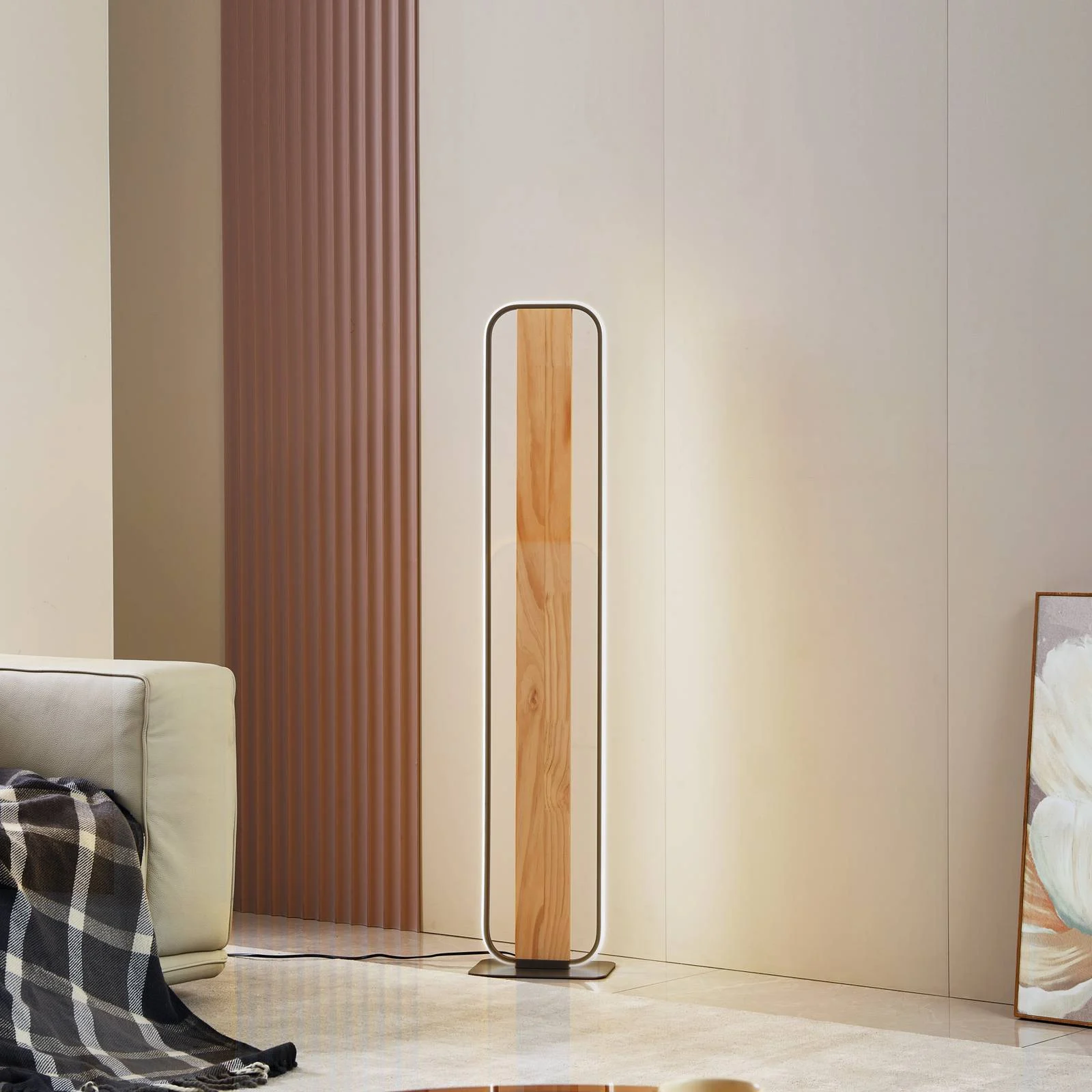 Lindby LED-Stehleuchte Romilda, grau, Holz, Höhe 122 cm günstig online kaufen