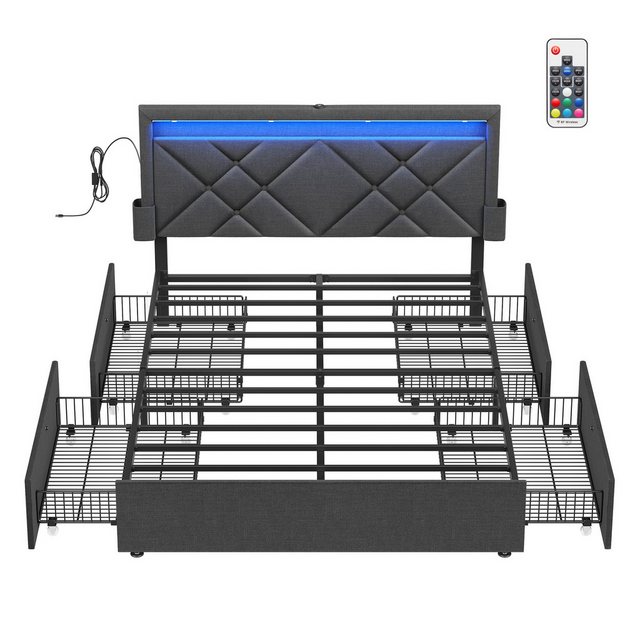 VASAGLE Polsterbett Doppelbettgestell Bettgestell Metallbett (LED, 4 Schubl günstig online kaufen