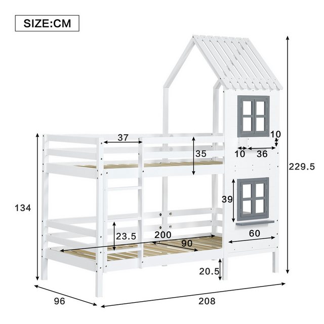 Flieks Etagenbett, Hausbett mit Fallschutz Leiter Kinderbett Kiefer 90x200c günstig online kaufen