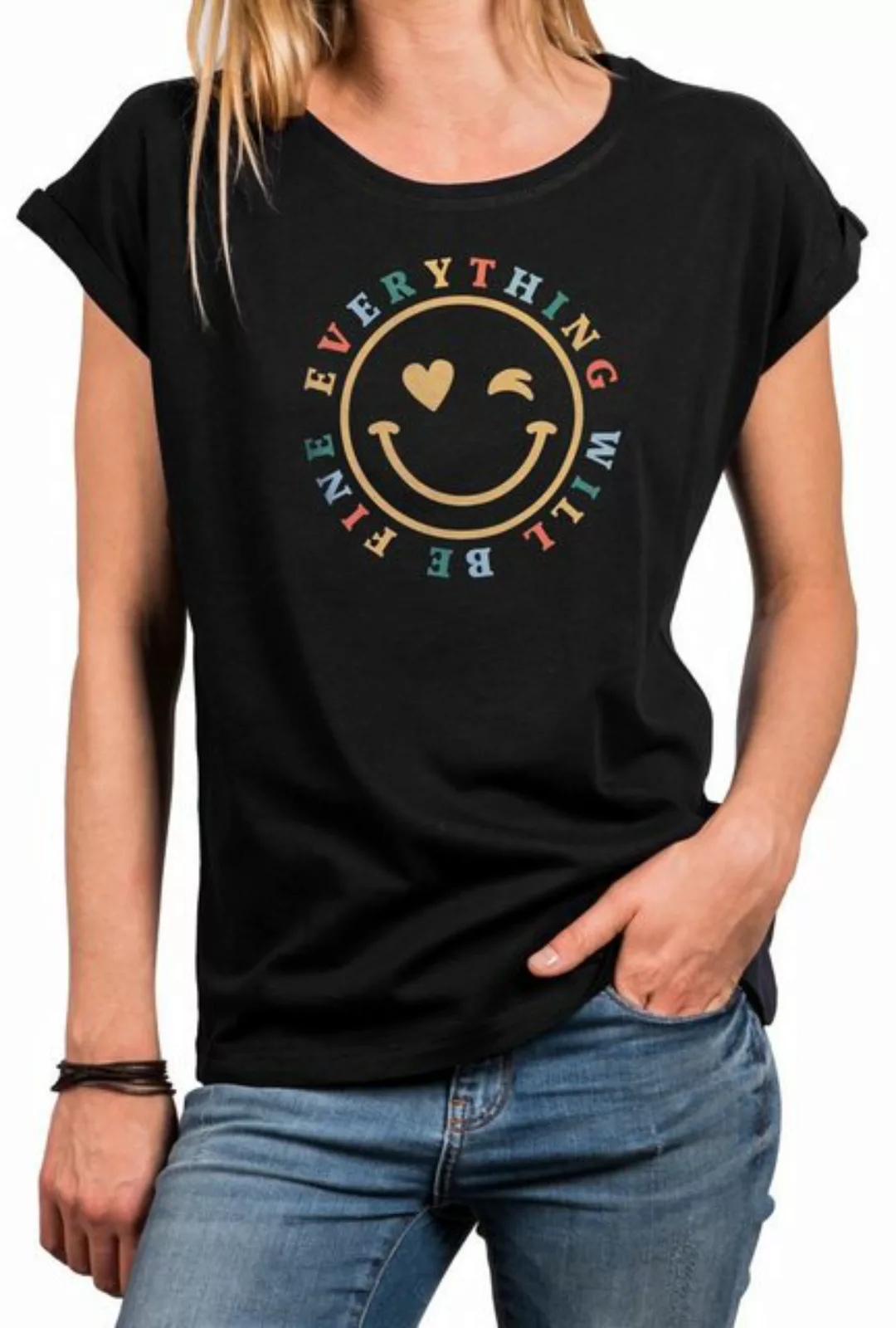 MAKAYA Print-Shirt Damen Kurzam Herz Spruch Sprüche Hippie Style Outfit 60e günstig online kaufen