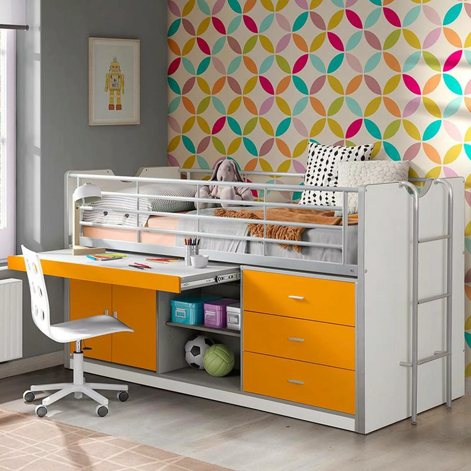 Kinderbett mit Schreibtisch BONNY-12, 90x200cm, Weiß Orange günstig online kaufen