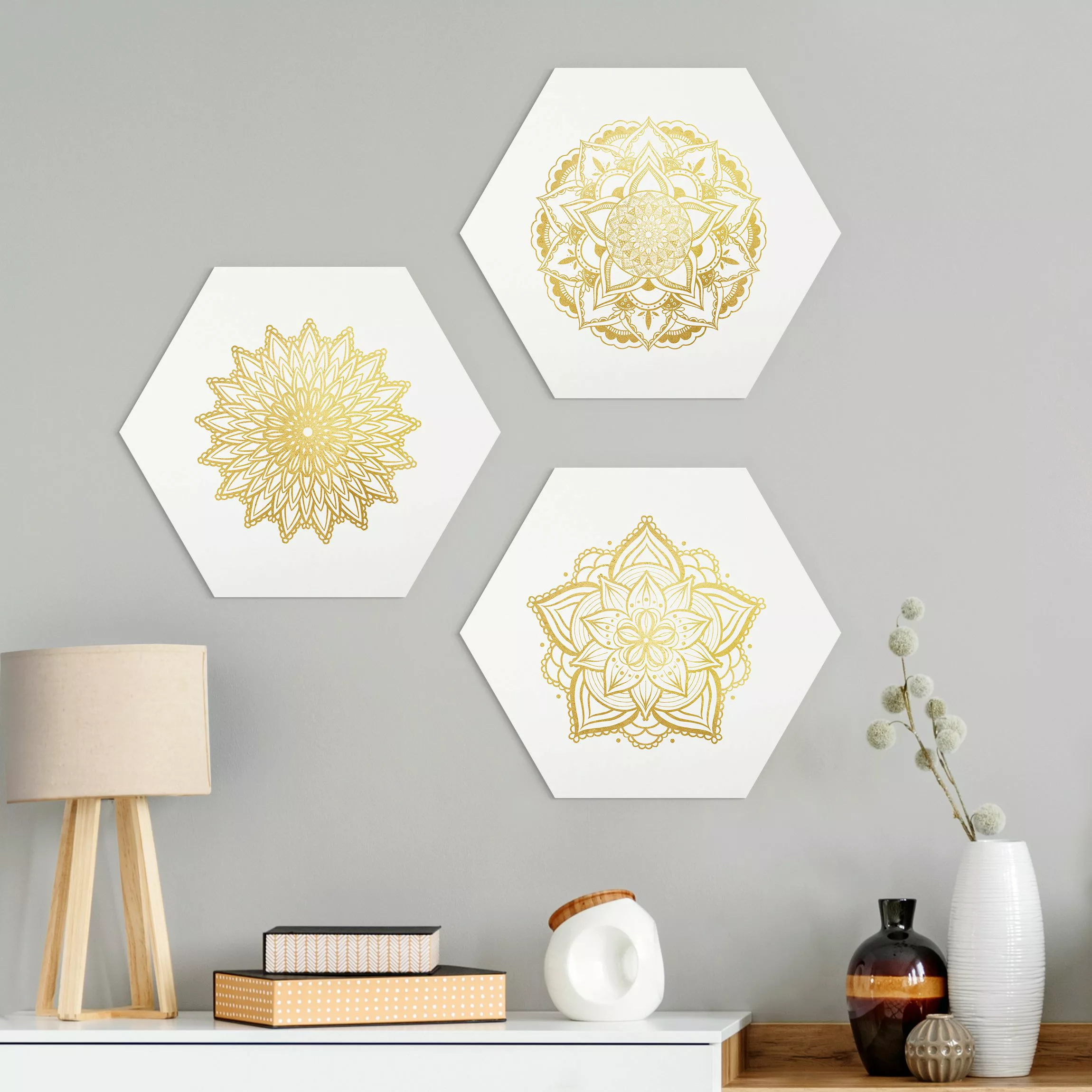 3-teiliges Hexagon-Alu-Dibond Bild Mandala Blüte Sonne Illustration Set Gol günstig online kaufen