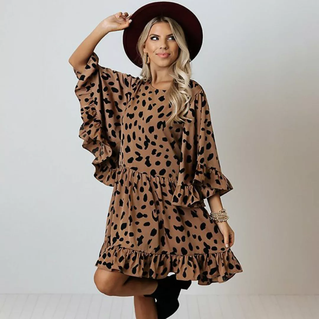 RUZU UG Midikleid Modisches, langärmliges Patchwork-Kleid mit Leopardenmust günstig online kaufen