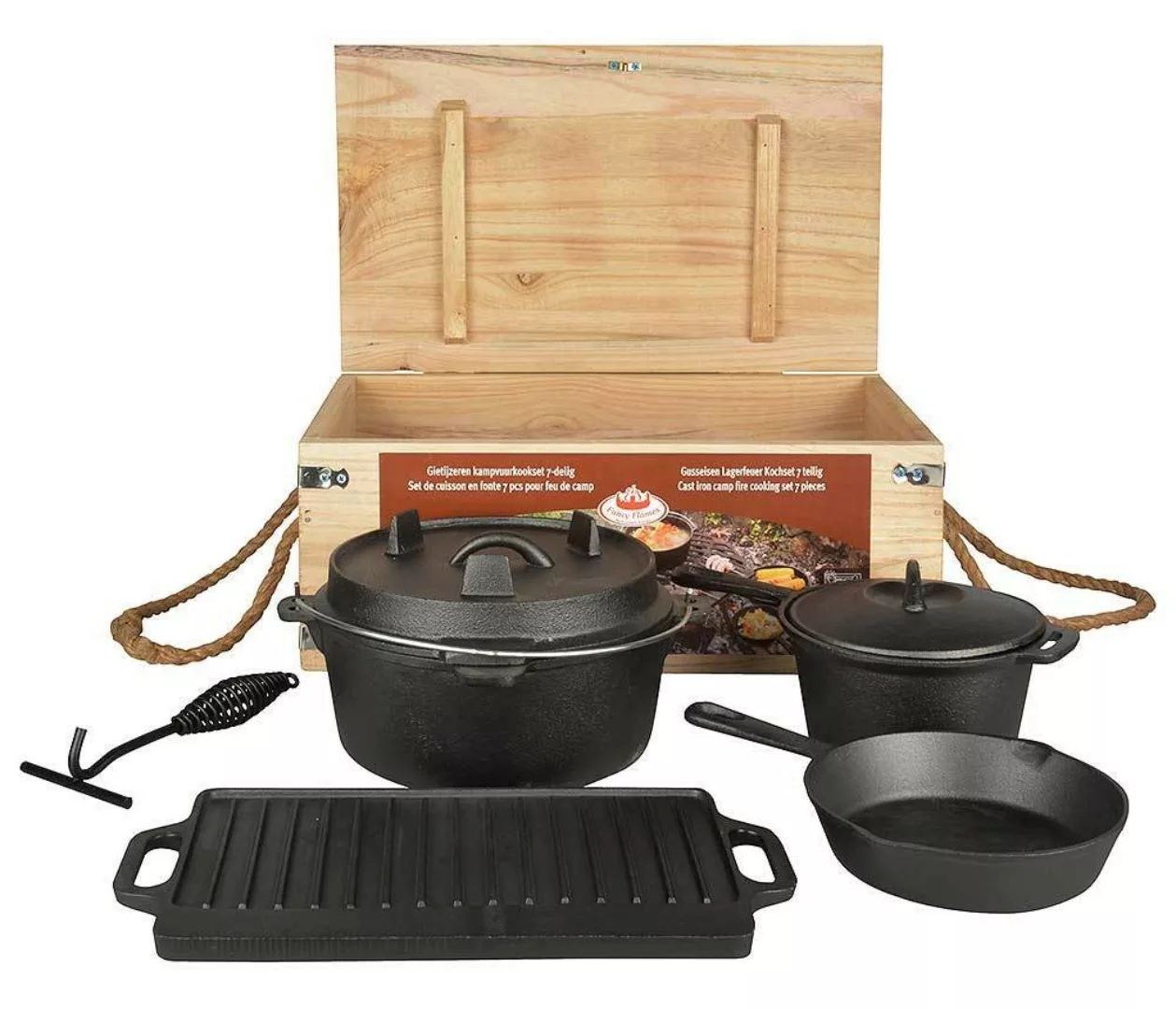 Dutch Oven Set 7-teilig Outdoor Kochset Gusseisen Lagerfeuer Grillplatte Pf günstig online kaufen