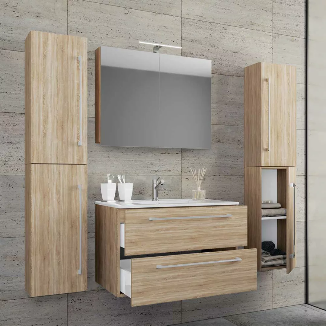 Badmöbel Sonoma Eiche in modernem Design melaminbeschichtet (vierteilig) günstig online kaufen