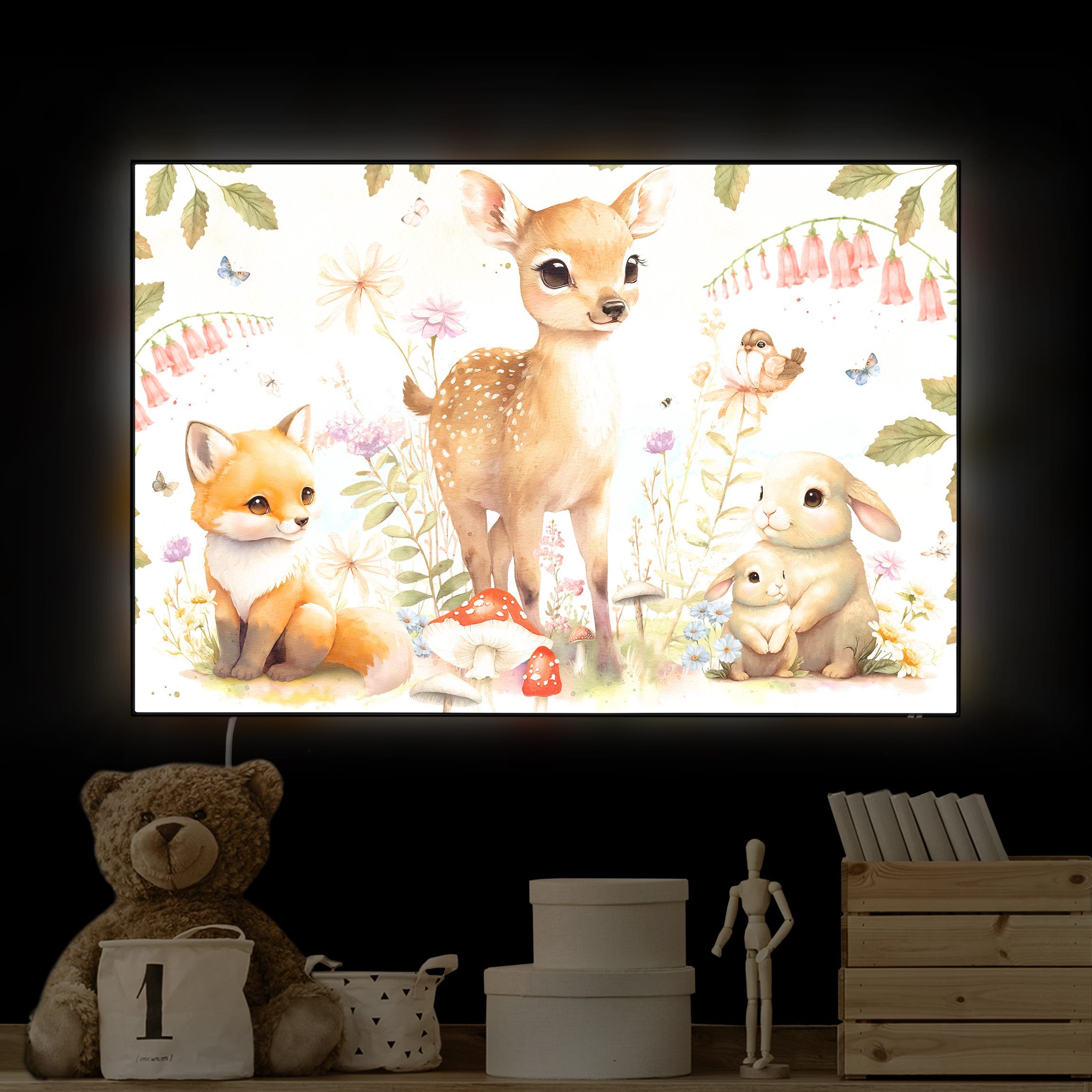 LED-Wechselbild Fuchs Rehkitz und Hase auf Blumenwiese günstig online kaufen