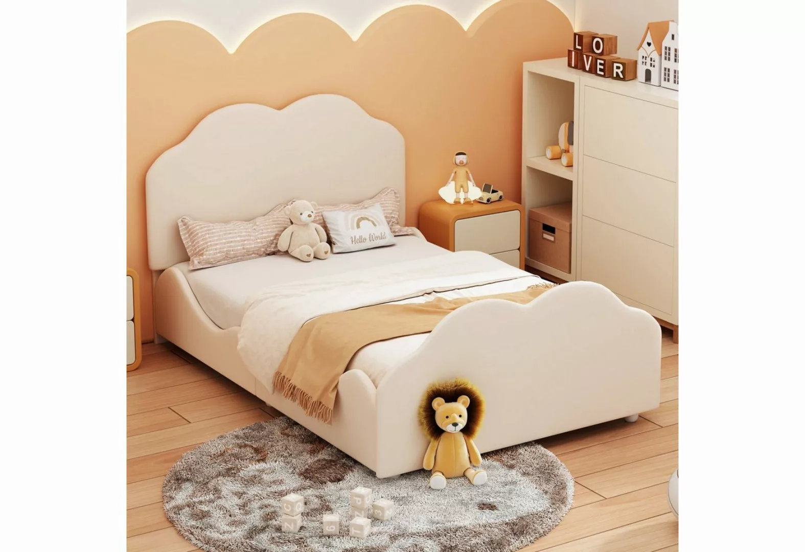 Ulife Kinderbett Polsterbett, Einzelbett, 90x200cm, beige, rosa, mit wolken günstig online kaufen