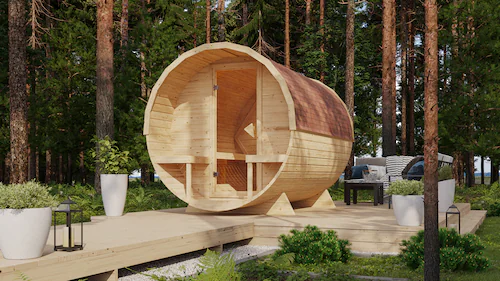 KONIFERA Fasssauna »Lathy XL«, 9-kW-Ofen mit integrierter Steuerung günstig online kaufen