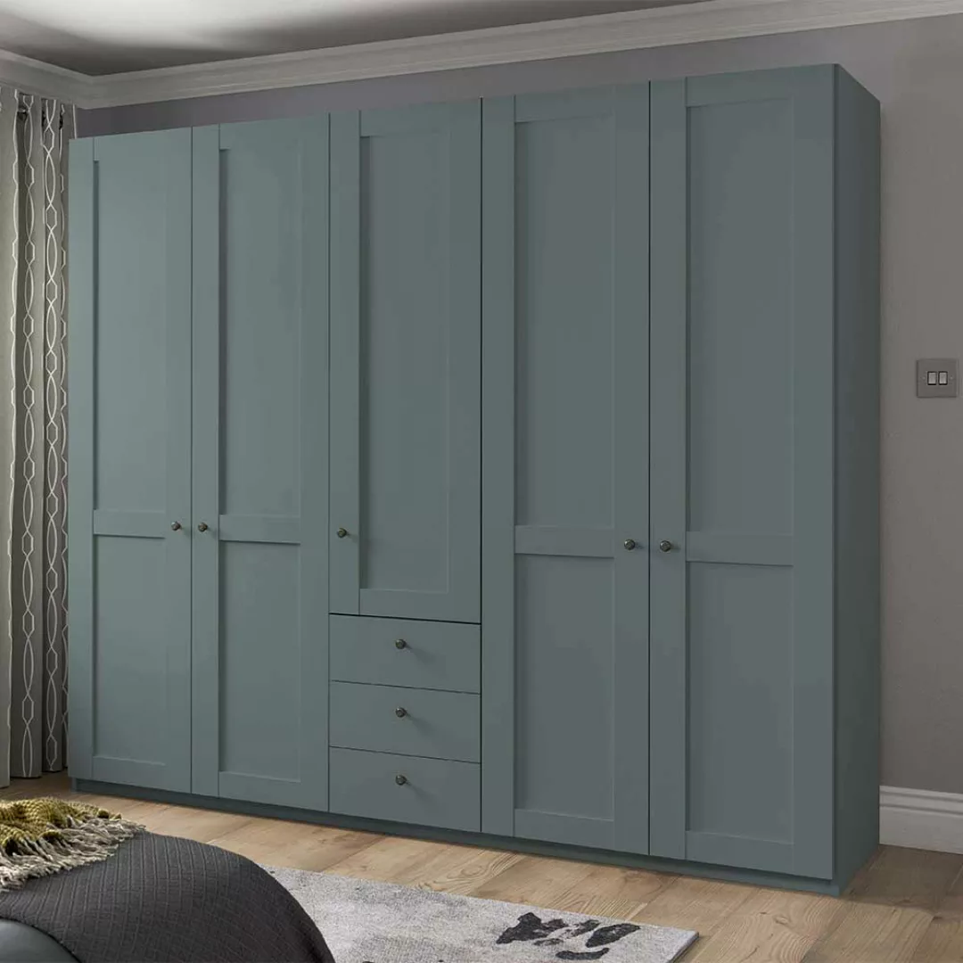 Kleiderschrank 250 cm breit im modernen Landhausstil Graugrün günstig online kaufen