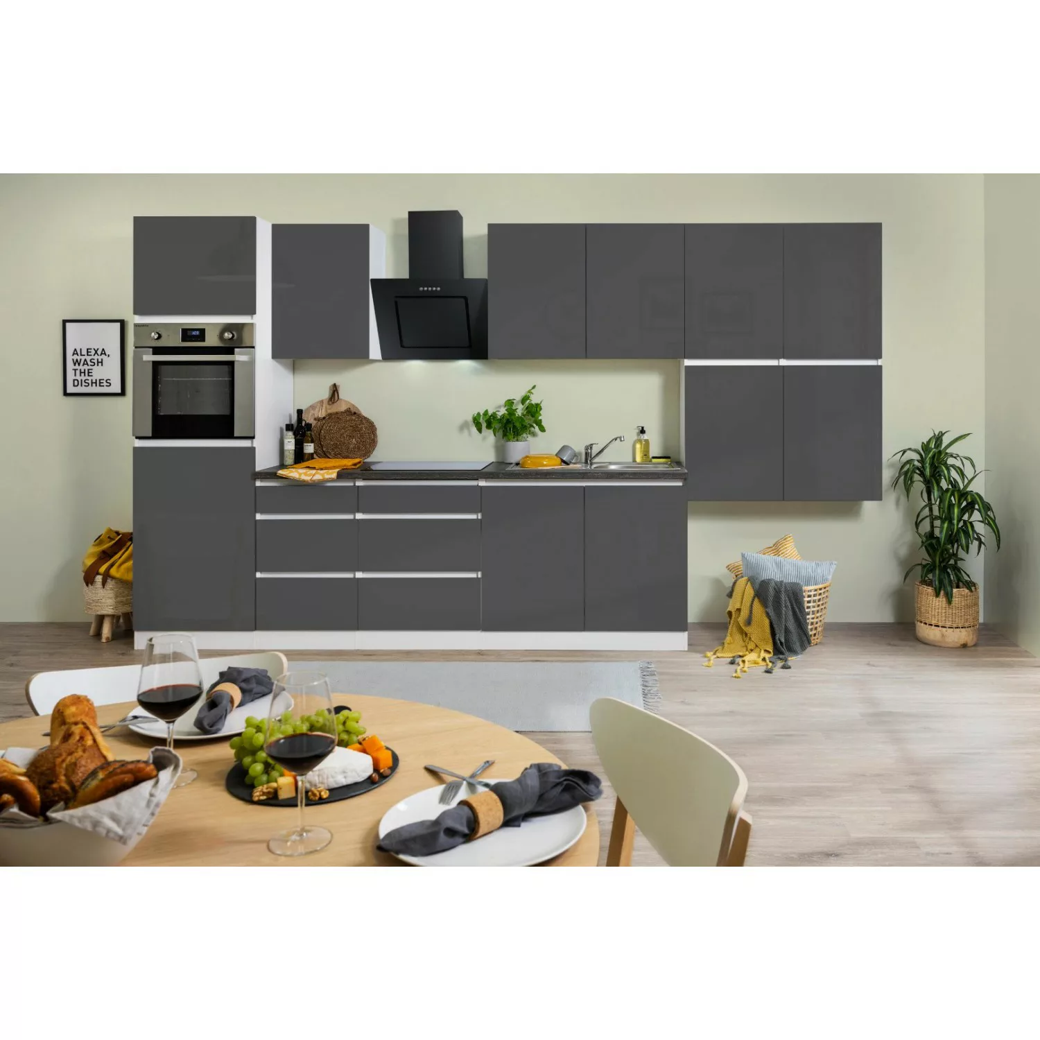 Respekta Küchenzeile ohne E-Geräte 370 cm Grifflos Grau Hochglanz-Weiß günstig online kaufen