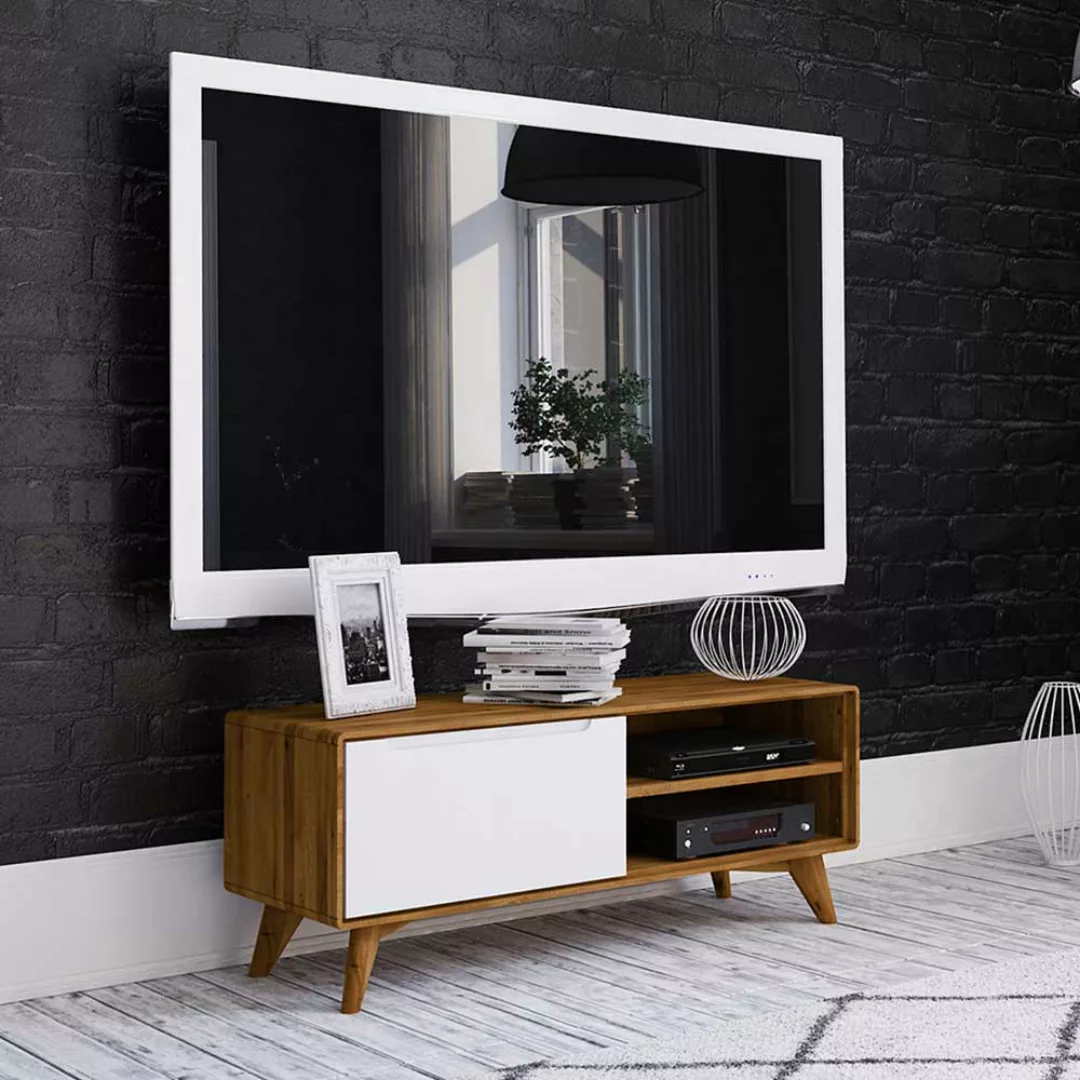 Fernsehertisch in Weiß und Wildeiche 120 cm breit günstig online kaufen