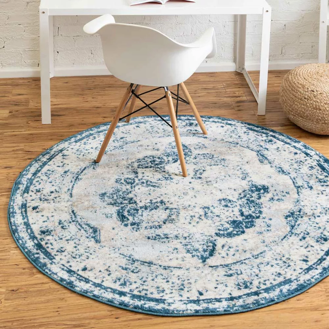 Vintage Teppich rund in Hellblau und Cremefarben Ornament Muster günstig online kaufen