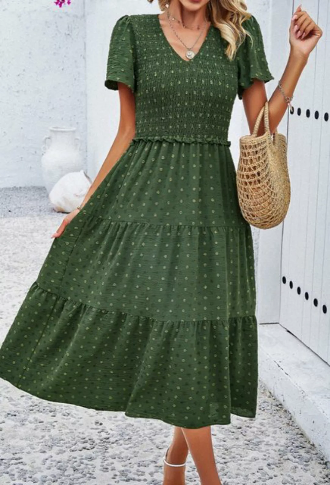 LOVGCCN Sommerkleid Temperament Einfarbiges Kleid mit V-Ausschnitt und kurz günstig online kaufen