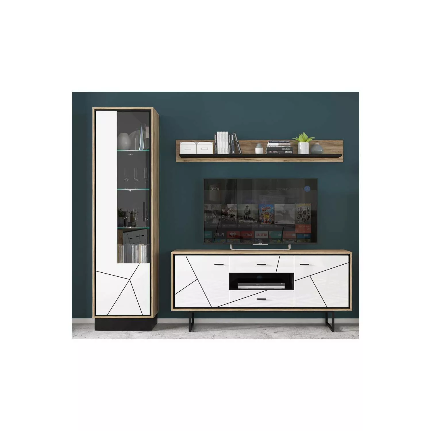 Wohnzimmer Set BRISTOL-129 in Catania Eiche Nb. mit schwarz und weiß Hochgl günstig online kaufen