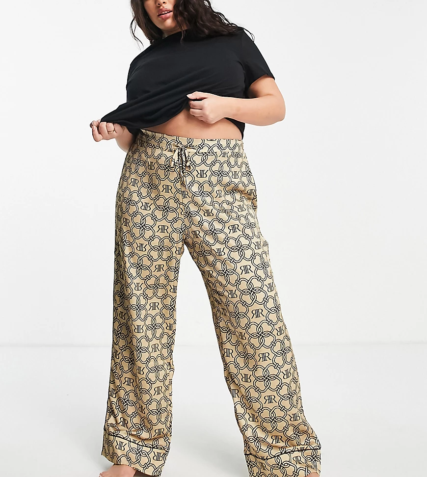 River Island Plus – Pyjamahose in Beige mit Monogramm-Muster-Neutral günstig online kaufen