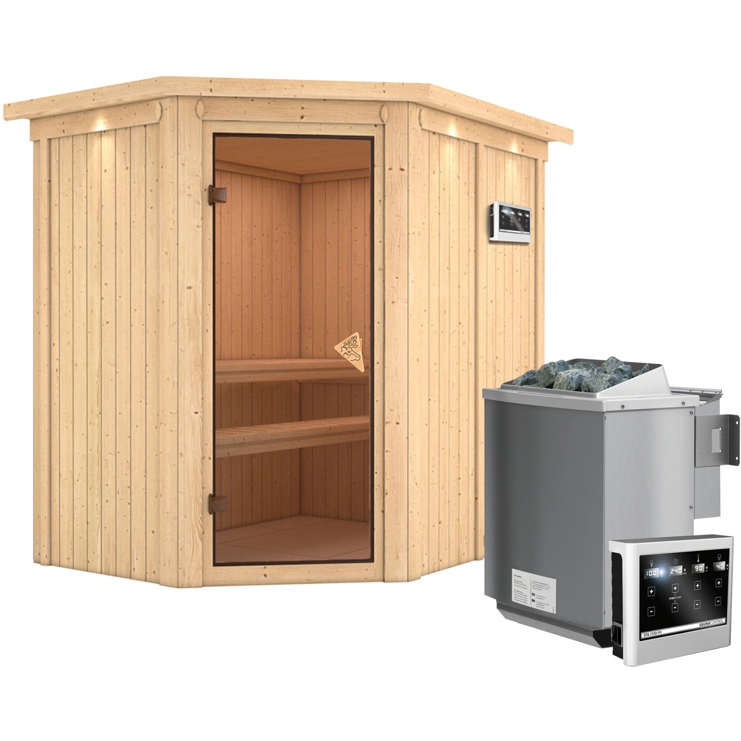 Karibu Sauna-Set Cleo inkl. Bio-Ofen 9 kW mit ext. Steuerung, Dachkranz günstig online kaufen