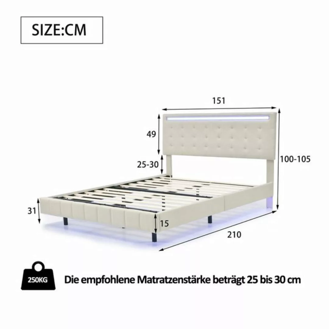 Odikalo Polsterbett Doppelbett m. USB verstellbar 16-LED Kopfteil Leinen Be günstig online kaufen