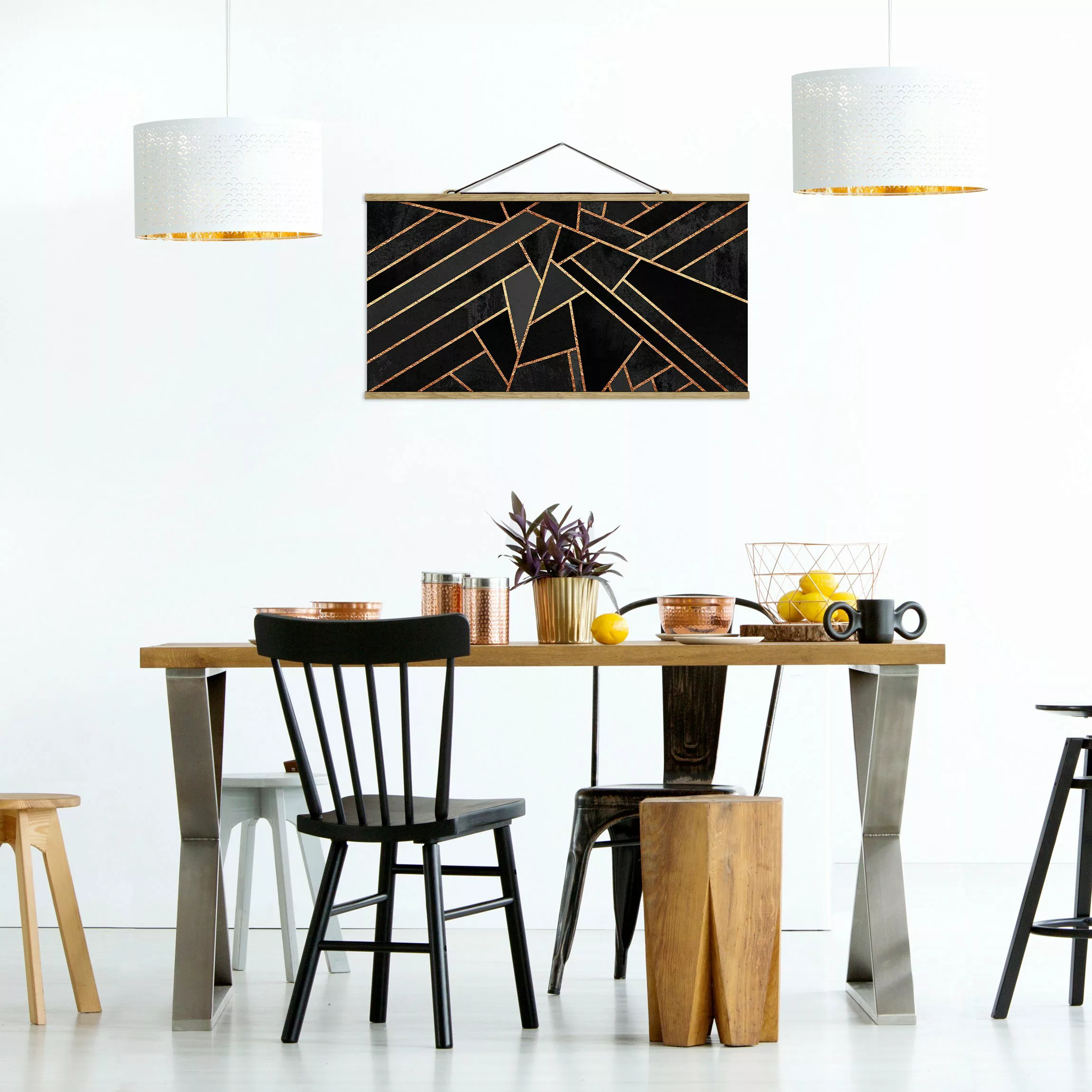 Stoffbild Abstrakt mit Posterleisten - Querformat Schwarze Dreiecke Gold günstig online kaufen
