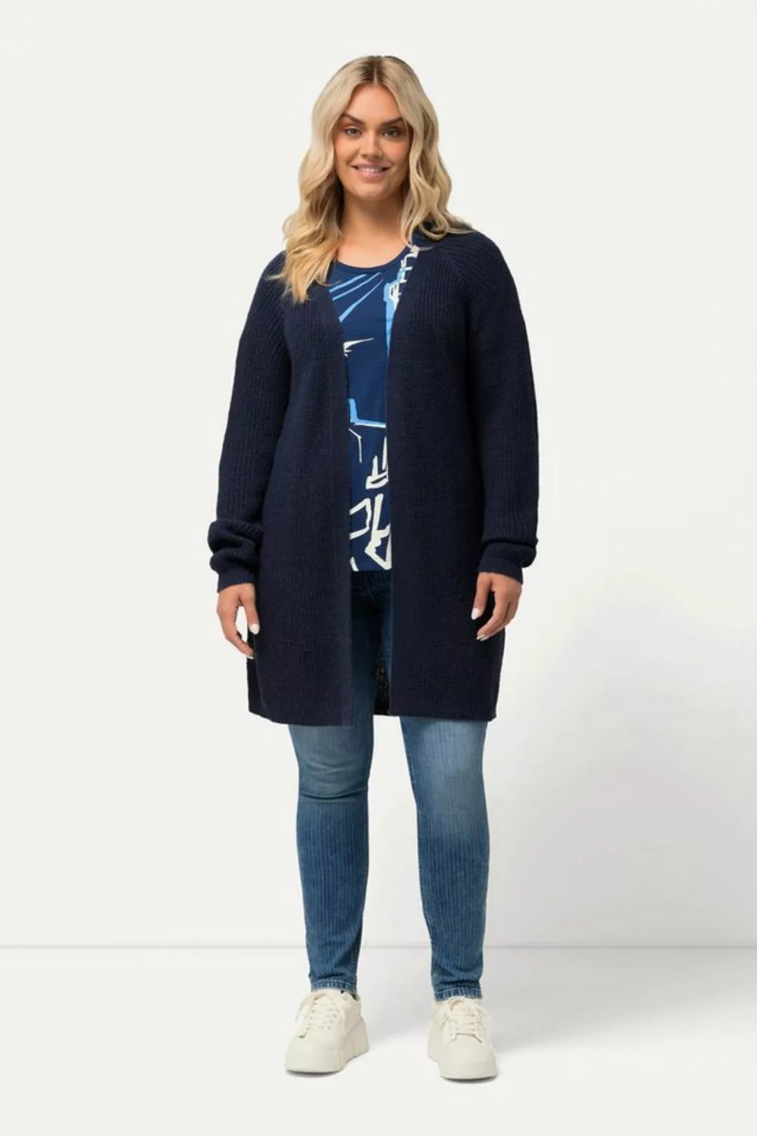 Ulla Popken Strickjacke Strickjacke offene Form V-Ausschnitt Rippstrick günstig online kaufen