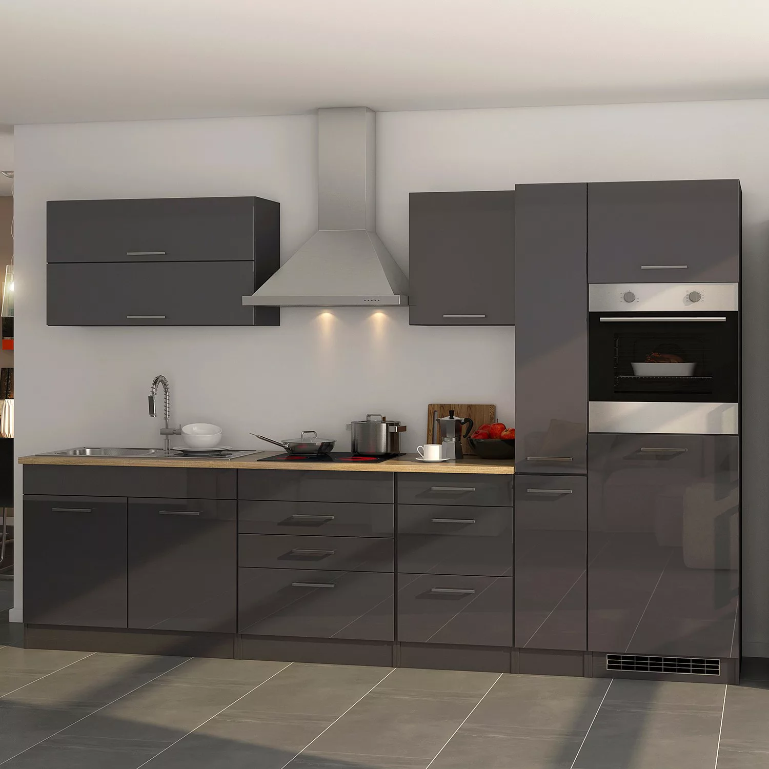 Held Möbel Küchenzeile Mailand 320 cm Grau Hochglanz-Grau Matt mit E-Geräte günstig online kaufen
