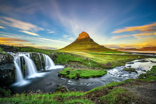 Papermoon Fototapete »KIRKJUFELL-WASSERFALL FLUSS ISLAND BERG SONNENUNTERGA günstig online kaufen