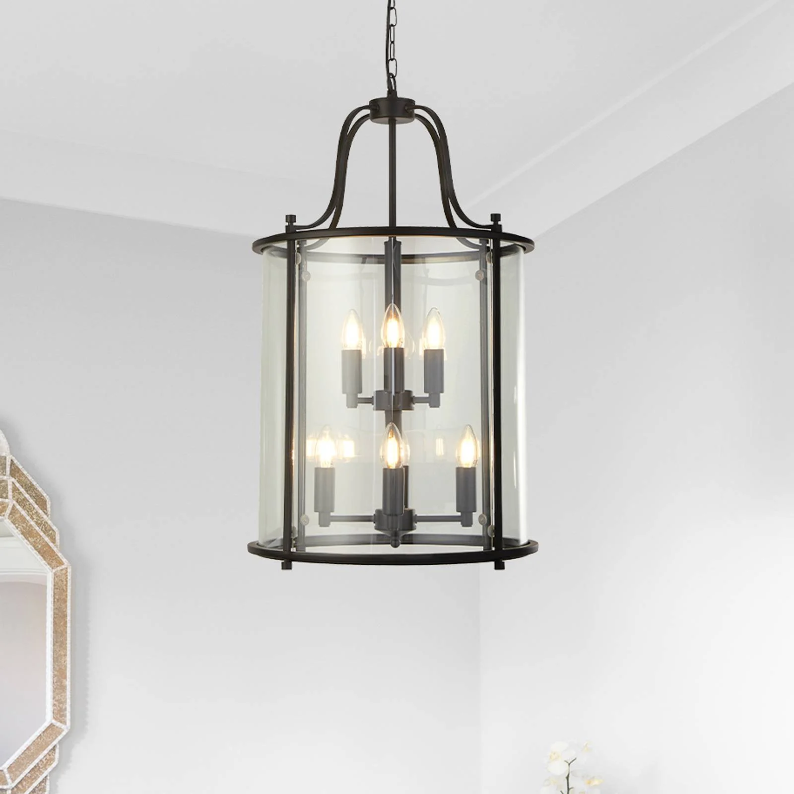 Hängeleuchte Lantern Grande, schwarz/klar, Glas, E14 günstig online kaufen