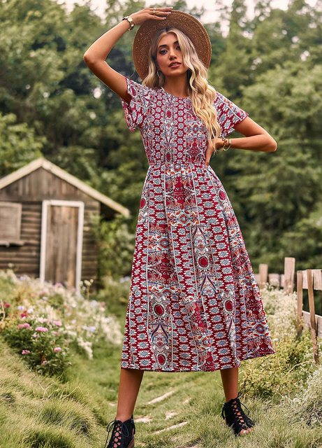 DEBAIJIA Dirndl Sommerkleid Damen Böhmen Kleid Frauen Bedruckter Lässiger S günstig online kaufen