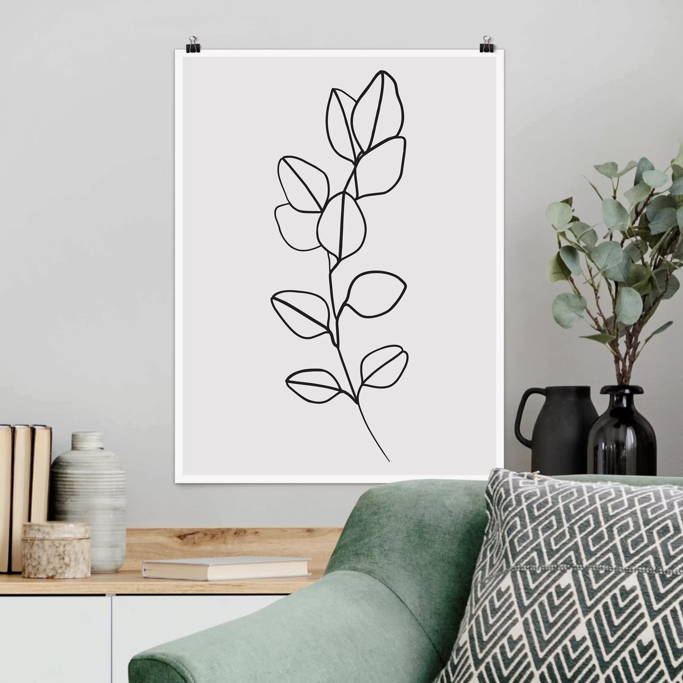 Poster Blumen - Hochformat Line Art Zweig Blätter Schwarz Weiß günstig online kaufen