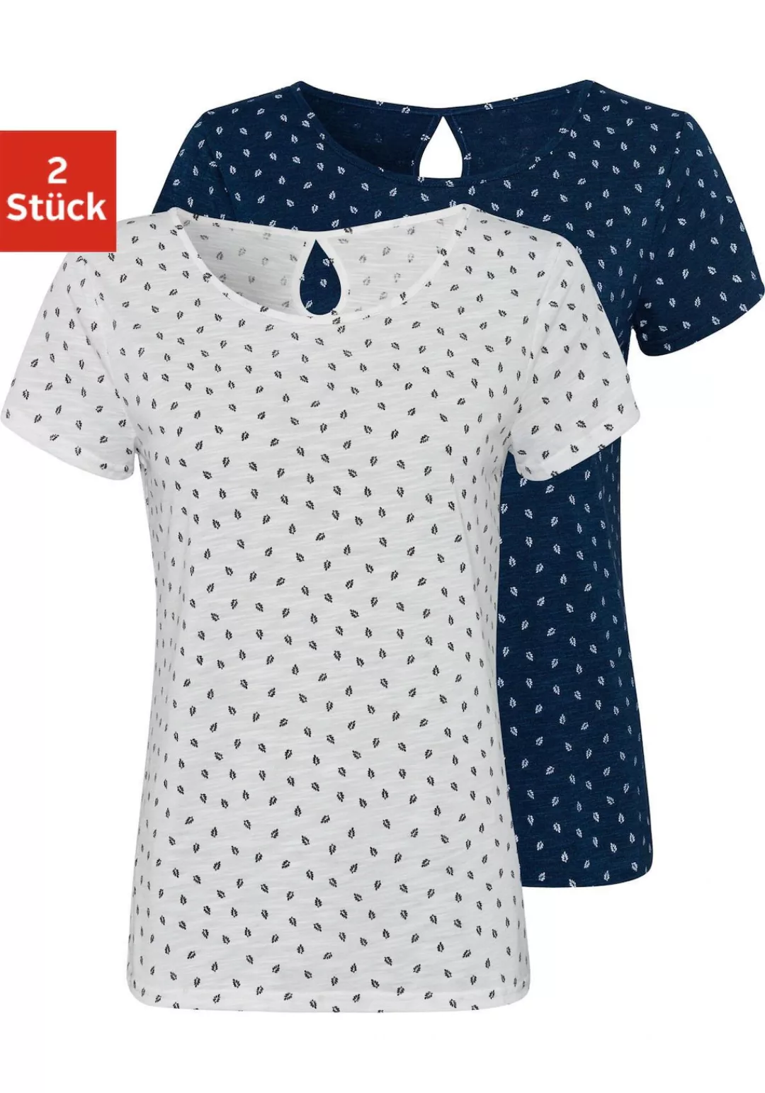 LASCANA T-Shirt (2er-Pack) mit süßem Blätter-Druck und Cut-Out im Nacken günstig online kaufen