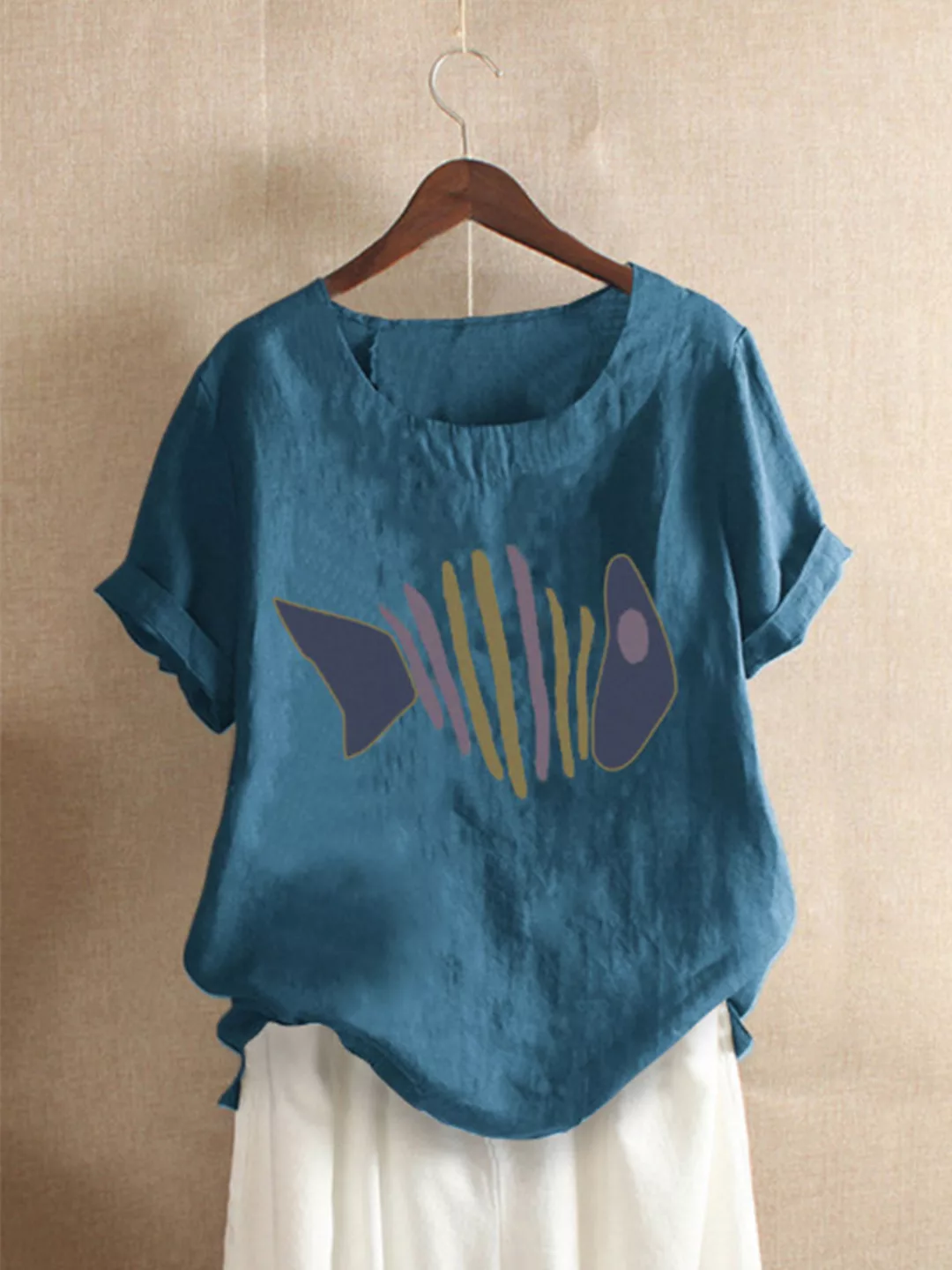 Fischdruck Kurzarm O-Ausschnitt Casual Cotton T-Shirt günstig online kaufen