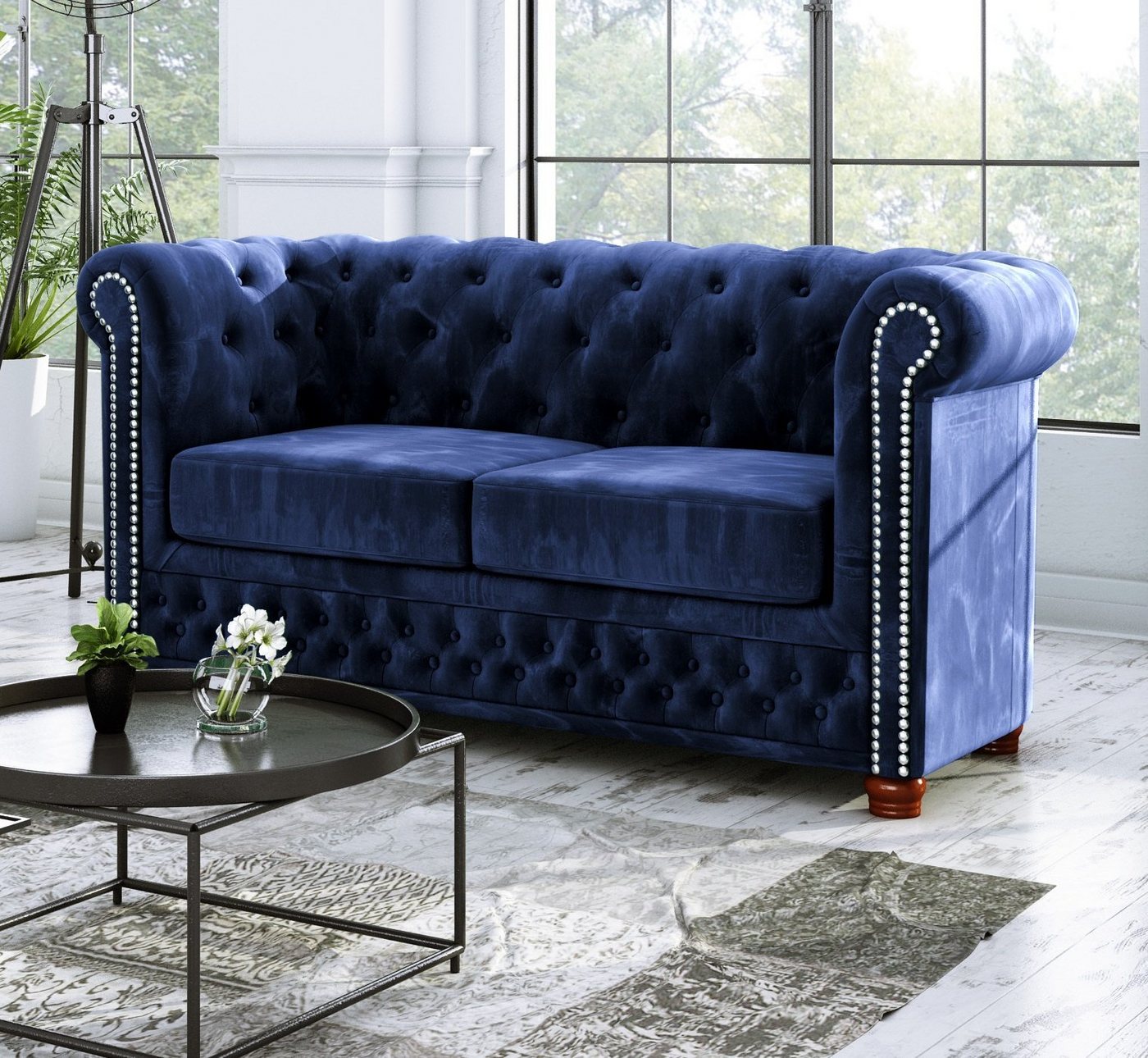 S-Style Möbel Chesterfield-Sofa Leeds 2-Sitzer aus Samt-Stoff mit Holzfüßen günstig online kaufen